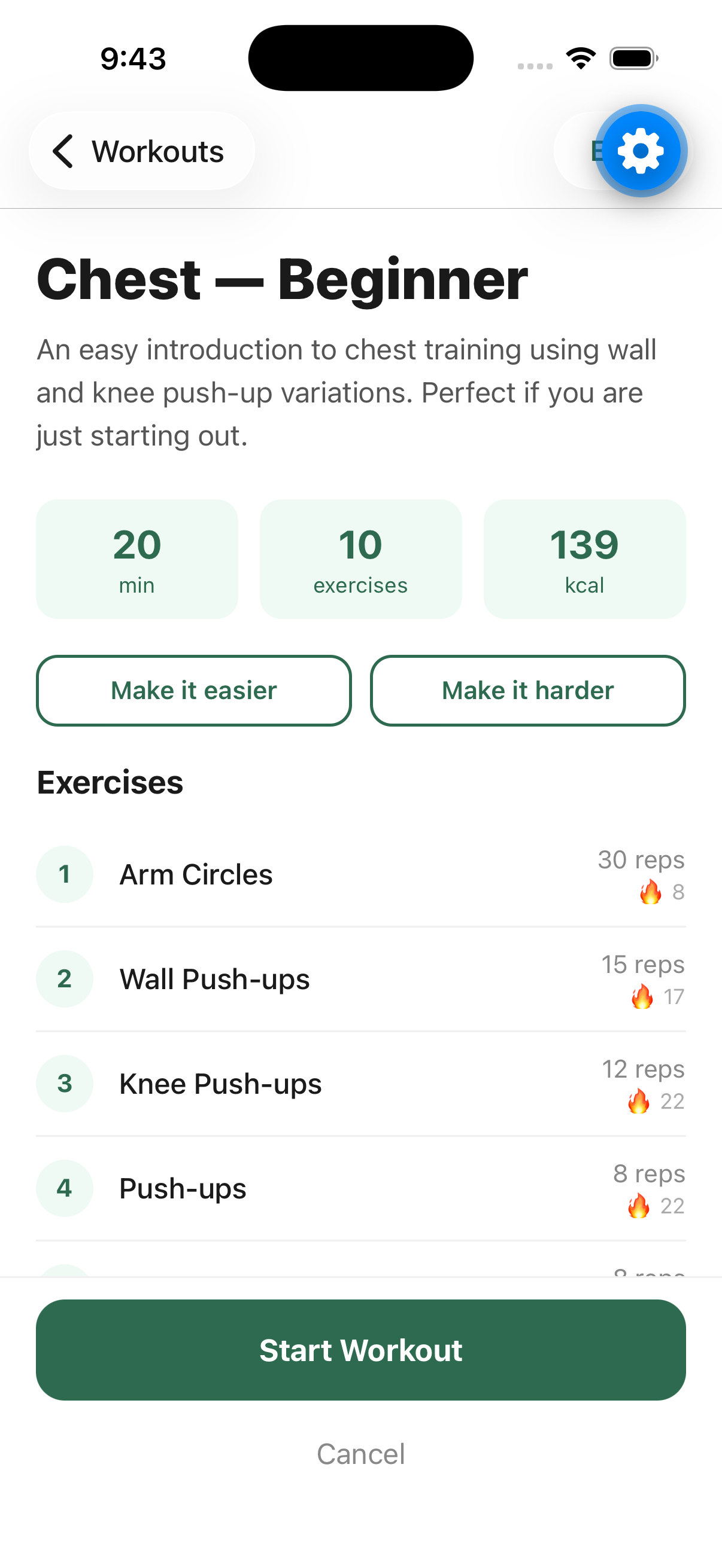 Workout detail — exercise list